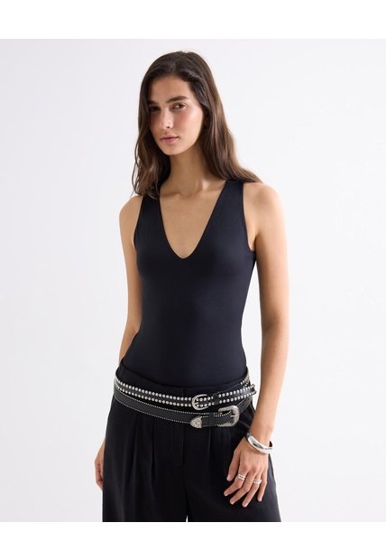 Body Escote V Con Doble Frente  Para Mujer Negro Seven Seven