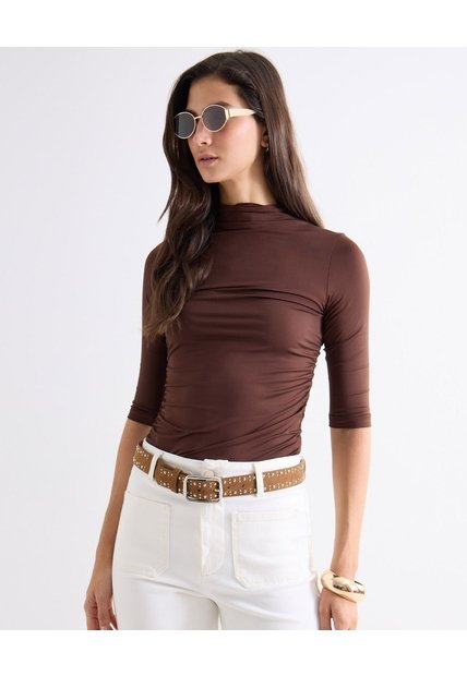 Camiseta Cuello Perkins Ajuste Suave  Para Mujer Café Seven Seven