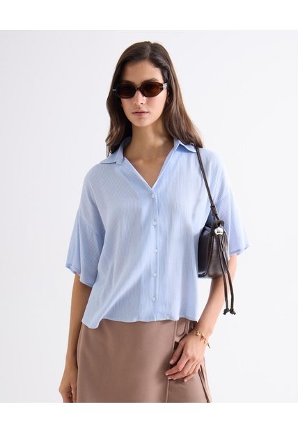 Blusa Rayas Cuello Camisero  Para Mujer Celeste Seven Seven