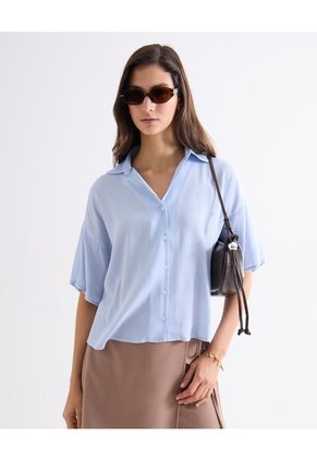 Blusa Rayas Cuello Camisero Para Mujer Celeste Seven Seven