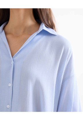 Blusa Rayas Cuello Camisero Para Mujer Celeste Seven Seven