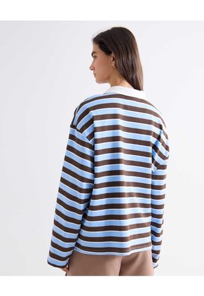 Camiseta Polo Oversize De Rayas Para Mujer Celeste Seven Seven