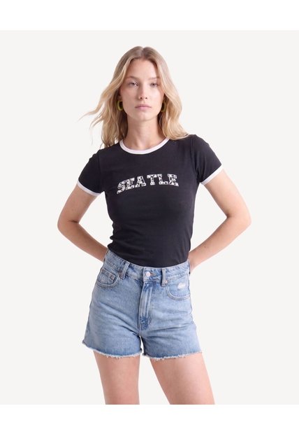 Camiseta Screen Ajustada  Para Mujer Negro Seven Seven