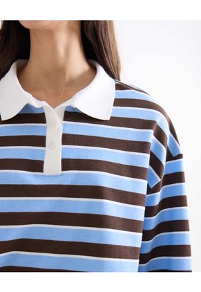 Camiseta Polo Oversize De Rayas Para Mujer Celeste Seven Seven