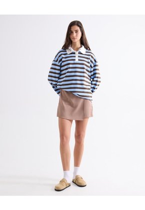 Camiseta Polo Oversize De Rayas Para Mujer Celeste Seven Seven