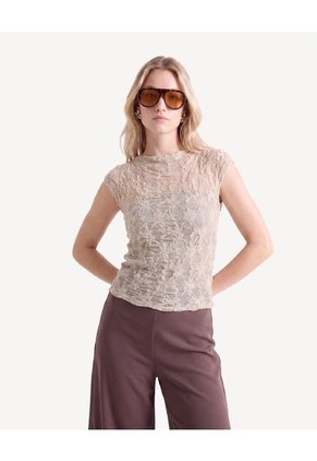 Camiseta En Encaje Cuello Perkins Para Mujer Taupe Seven Seven