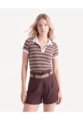 Camiseta Polo Con Detalles Tejidos  Para Mujer Café Seven Seven