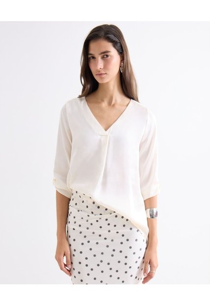 Blusa Satin Escote En V  Para Mujer Crudo Seven Seven