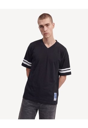 Camiseta Cuello V Con Textura  Para Hombre Negro Seven Seven