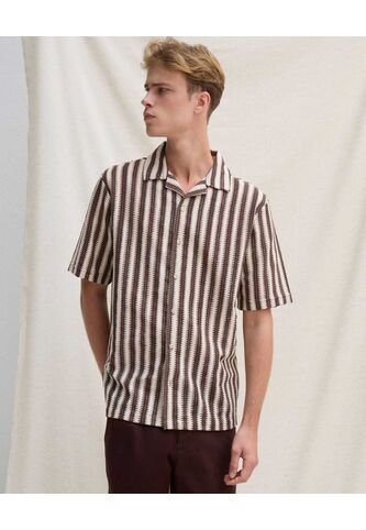 Camisa Resort Rayas Neutras  Para Hombre Café Seven Seven Seven Seven