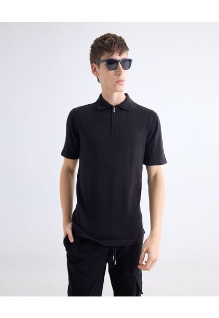 Polo Tejido Con Zipper  Para Hombre Negro Seven Seven