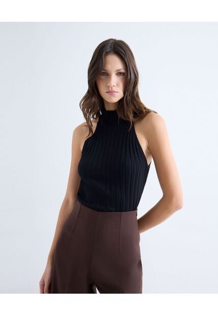 Top Tejido Cuello Alto Tank  Para Mujer Negro Seven Seven