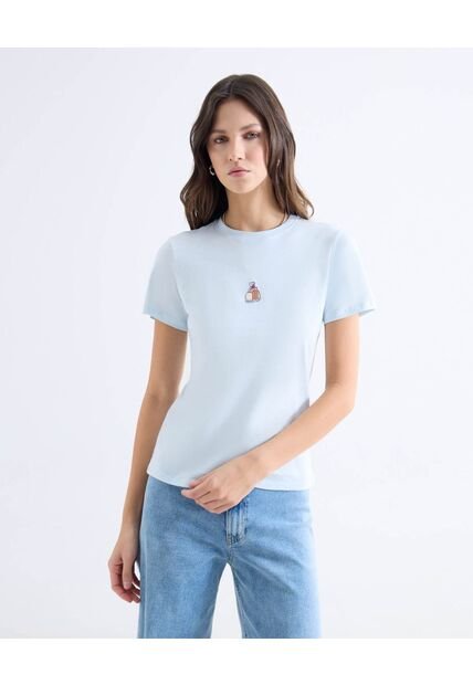 Camiseta Básica Bordado Mini  Para Mujer Celeste Seven Seven