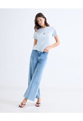 Camiseta Básica Bordado Mini  Para Mujer Celeste Seven Seven