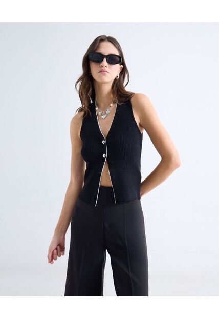 Top Tejido Escote En V Con Botones  Para Mujer Negro Seven Seven