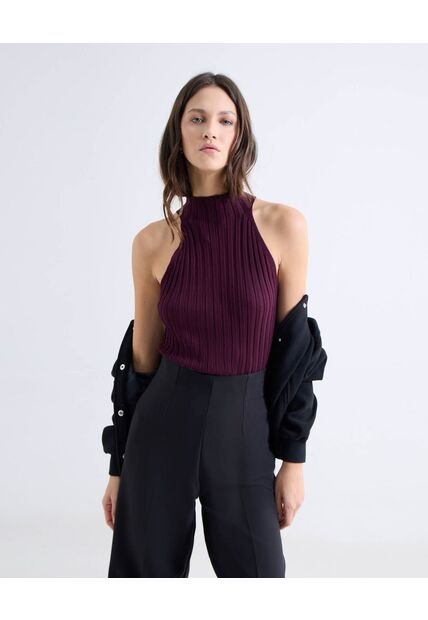 Top Tejido Cuello Alto Tank  Para Mujer Vino Seven Seven