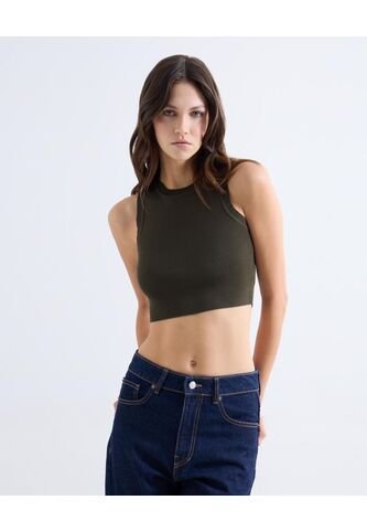 Top Tejido Crop Cuello Redondo  Para Mujer Verde Seven Seven Seven Seven
