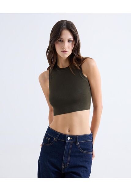 Top Tejido Crop Cuello Redondo  Para Mujer Verde Seven Seven