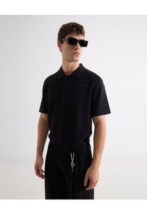 Camisa Tejida Texturizada Para Hombre Negro Seven Seven