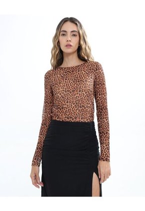 Camiseta Plisada Animal Print De Manchas Para Mujer Naranja Seven Seven