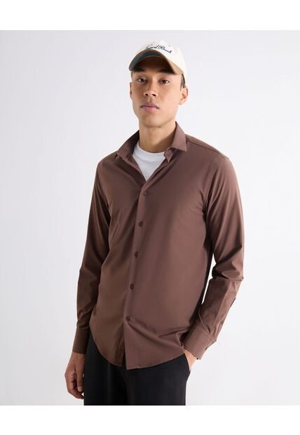 Camisa Regular Con Botonadura Frontal  Para Hombre Café Seven Seven