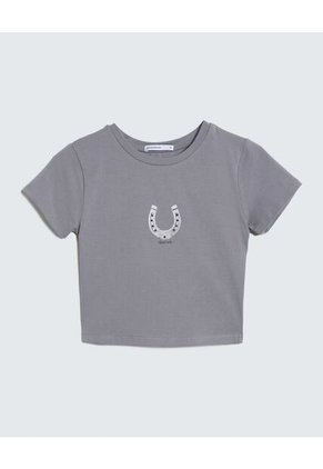 Camiseta Estampado Metalizado Con Taches  Para Mujer Gris Seven Seven