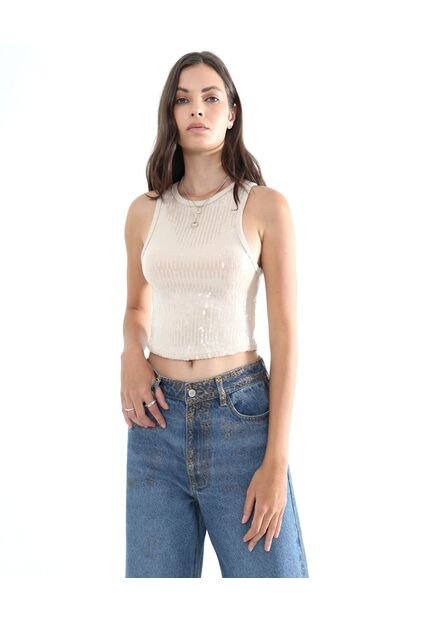 Crop Top Cuello Halter Con Lentejuelas  Para Mujer Beige Seven Seven