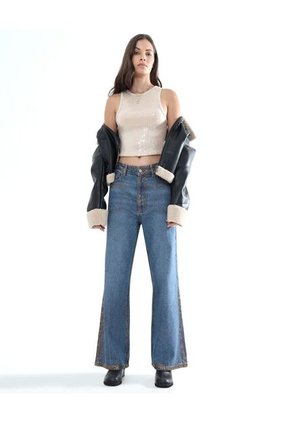 Crop Top Cuello Halter Con Lentejuelas  Para Mujer Beige Seven Seven