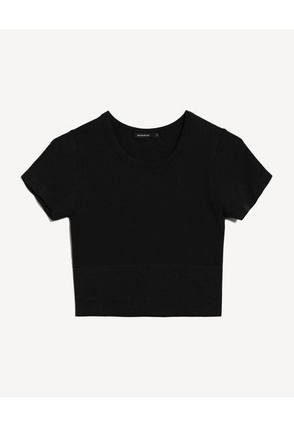 Crop Top Ajustado Con Manga Corta  Para Mujer Negro Seven Seven