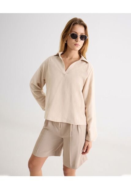 Camisa Oversize Cuello Abierto  Para Mujer Beige Seven Seven