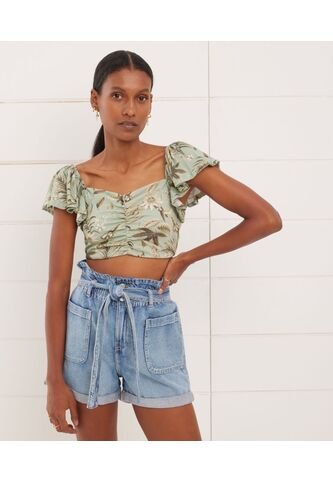Camiseta  Tipo Crop Manga Corta Con Recogido En Frente  Para Mujer Verde Seven Seven Seven Seven