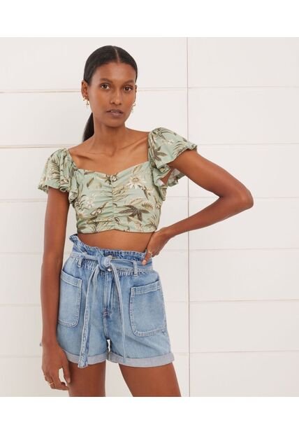 Camiseta  Tipo Crop Manga Corta Con Recogido En Frente  Para Mujer Verde Seven Seven