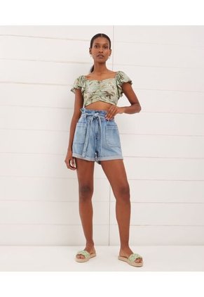 Camiseta  Tipo Crop Manga Corta Con Recogido En Frente  Para Mujer Verde Seven Seven