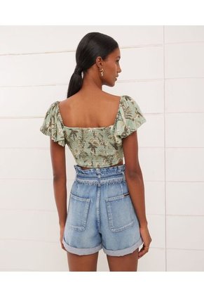 Camiseta  Tipo Crop Manga Corta Con Recogido En Frente  Para Mujer Verde Seven Seven