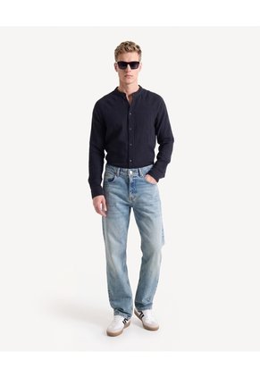 Camisa Cuello Mao Textura Para Hombre Negro Seven Seven