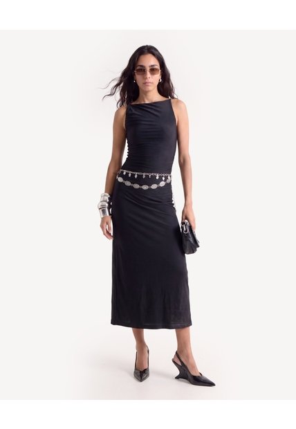 Vestido Largo Con Recogidos Laterales  Para Mujer Negro Seven Seven