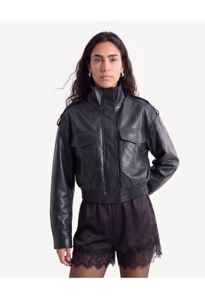 Chaqueta Aviador Con Bolsillos De Tapa Para Mujer Negro Seven Seven
