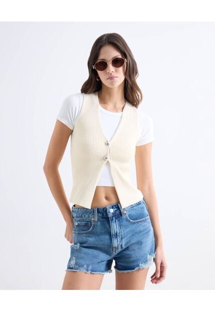Top Tejido Escote En V Con Botones  Para Mujer Crema Seven Seven
