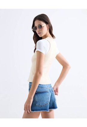 Top Tejido Escote En V Con Botones  Para Mujer Crema Seven Seven