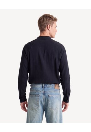 Camisa Cuello Mao Textura Para Hombre Negro Seven Seven