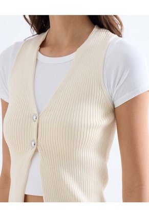 Top Tejido Escote En V Con Botones  Para Mujer Crema Seven Seven