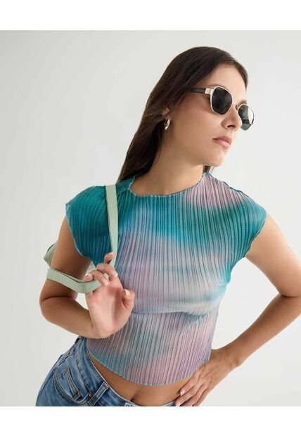 Camiseta Mesh Estampada Con Pliegues  Para Mujer Azul Seven Seven