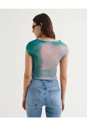 Camiseta Mesh Estampada Con Pliegues  Para Mujer Azul Seven Seven