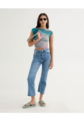 Camiseta Mesh Estampada Con Pliegues  Para Mujer Azul Seven Seven