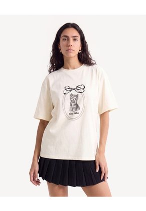 Camiseta Oversize Con Estampado  Para Mujer Crema Seven Seven