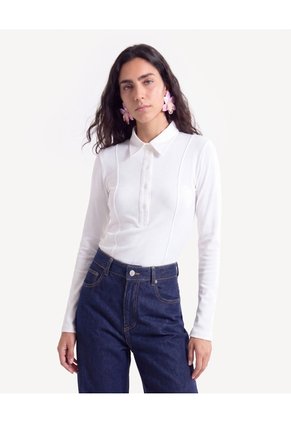 Camiseta Polo Manga Larga En Rib Para Mujer Crudo Seven Seven