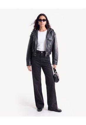 Jean Straight Con Corte Lateral  Para Mujer Negro Seven Seven