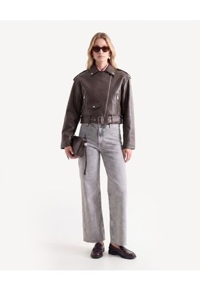 Chaqueta Biker Corta En Pu Para Mujer Café Seven Seven
