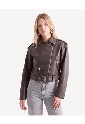 Chaqueta Biker Corta En Pu Para Mujer Café Seven Seven