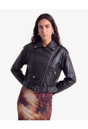 Chaqueta Biker Con Cinturón  Para Mujer Negro Seven Seven